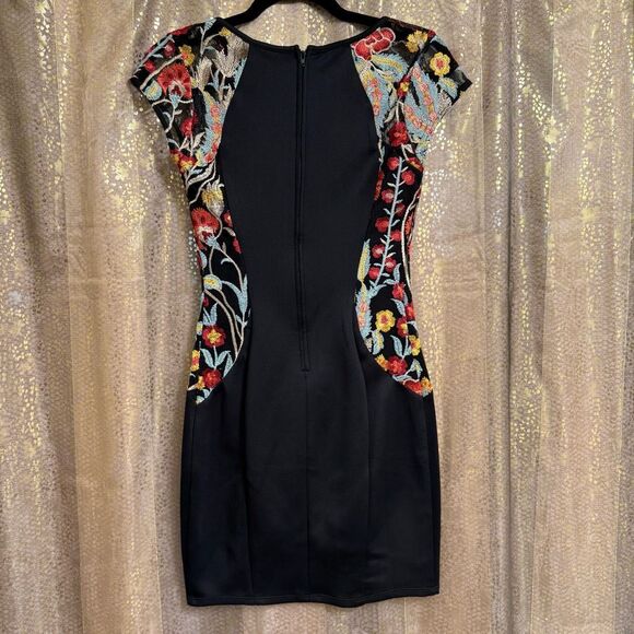 BCX Black Floral Bodycon Sheer Cap Sleeve Sheath Cocktail Party Dress Size 3 - Picture 2 of 12